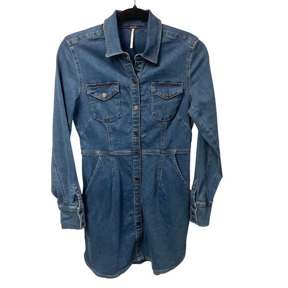 Free People Dynomite Medium Wash Long Sleeve Denim Dress Womens Medium AS IS - Picture 2 of 9